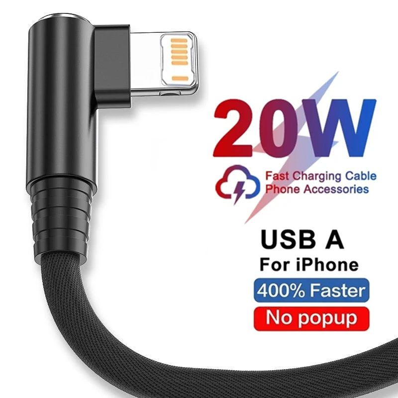Cable USB de carga rápida para juegos de ángulo recto para iPhone 13 14 Pro 11 12 mini XS Max XR X 7 8 Plus Cable cargador USB con codo de 90 grados