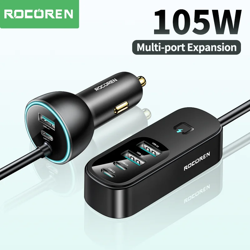 Rocoren-cargador multipuerto para asiento trasero de coche, adaptador de corriente de carga rápida USB tipo C, 105W, 6 en 1, para iPhone, Samsung y Xiaomi