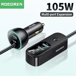 Rocoren-cargador multipuerto para asiento trasero de coche, adaptador de corriente de carga rápida USB tipo C, 105W, 6 en 1, para iPhone, Samsung y Xiaomi