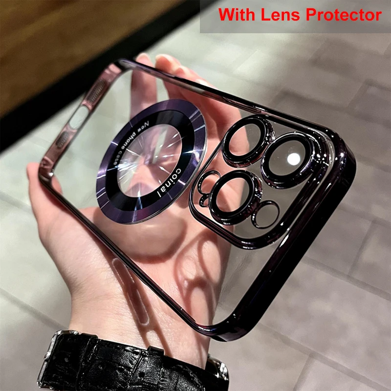 Logotipo de lujo para MagSafe funda magnética de carga inalámbrica para iPhone 15 14 13 12 11 Pro Max Plus cubierta chapada accesorios transparentes - imagen 4