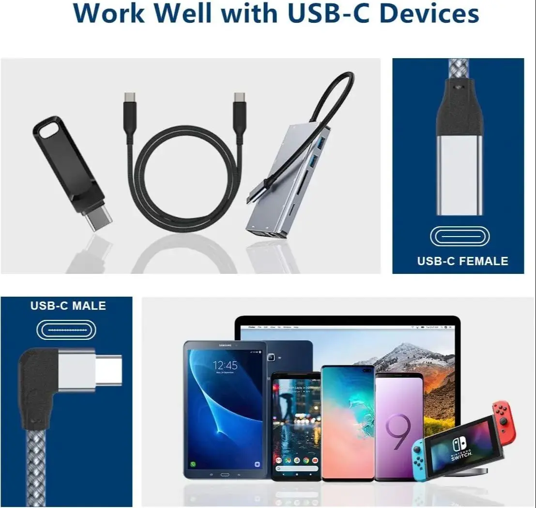 Cable de extensión USB C de ángulo recto de 90 grados USB3.1 Gen2 tipo C macho a hembra 10Gbps 4K vídeo PD100W Cable trenzado para teléfono móvil - imagen 5