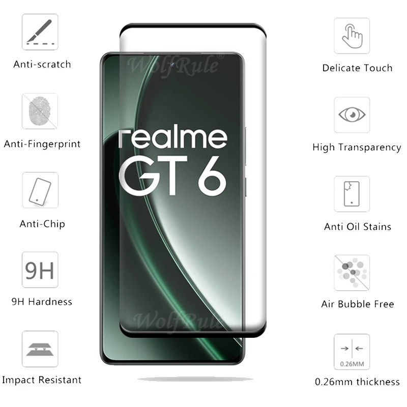 Protector de pantalla de vidrio templado 6 en 1 para Realme GT 6, cubierta completa curvada 9H, Realme OPPO, GT 6, 6 T, Realme - imagen 3