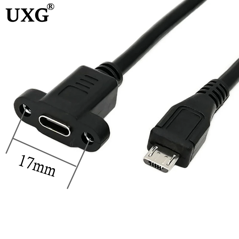 Paso 17,5mm 5 pines Micro Mini USB C macho a TYPE-C hembra extensión sincronización de datos Cable de carga de energía con tornillos montaje en Panel de bloqueo - imagen 3