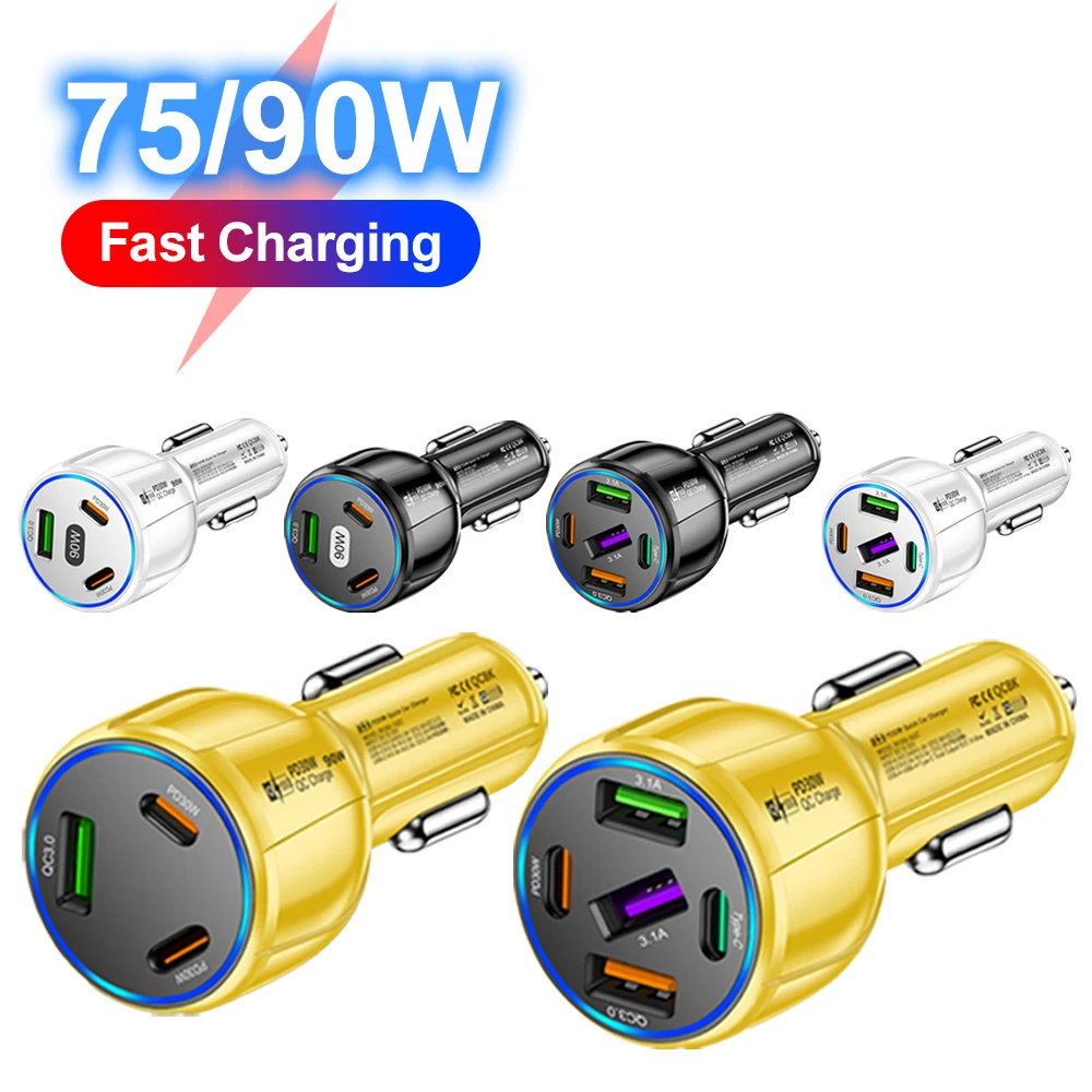 Cargador rápido de 90W, 3 puertos PD, USB, carga de coche, adaptador tipo C para teléfono móvil, cargador rápido en el coche para iPhone 14 15 Pro/Max Samsung - imagen 2