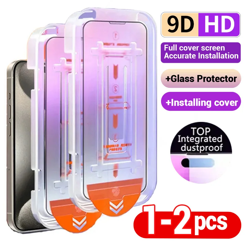 Protector de pantalla de fácil instalación sin polvo con revestimiento oleofóbico para IPhone 16, 13, 11, 12, 14, 15 Pro Max XS XR 14 Plus, vidrio, 1-2 uds.