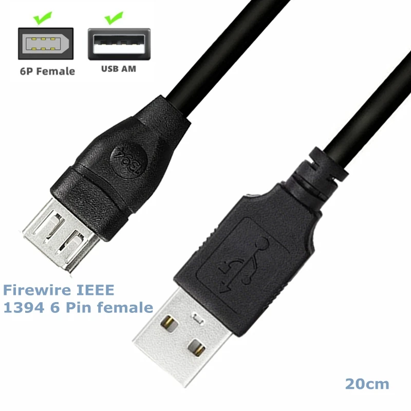 20CM Firewire IEEE 1394 Adaptador USB de 6 pines Cable hembra F a USB M macho para impresora, cámara digital, escáner, disco duro 0,2 m