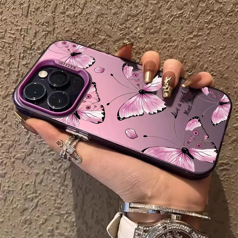 Funda de teléfono IMD de Color negro y morado con mariposa a la moda para iPhone 16 Pro Max 15 14 13 12 11 XS X XR 7 8 Plus SE 2020 cubierta chapada - imagen 5