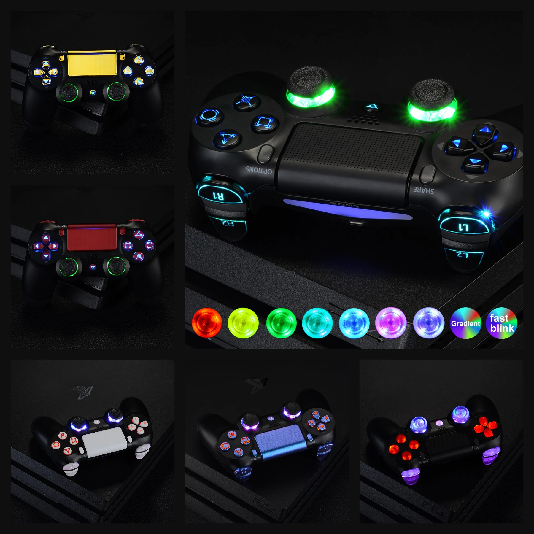 EXtremeRate-Thumbstick Luminated d-pad, botones faciales de gatillo, DTFS (DTF 2,0), Kit LED para controlador ps4 Slim Pro, multicolor
