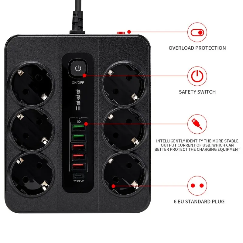 Toma de extensión con interruptor de seguridad, regleta para oficina, hogar, enchufe europeo, Cable de 3000W, 2M, protección contra sobrecarga, puertos USB tipo C - imagen 4