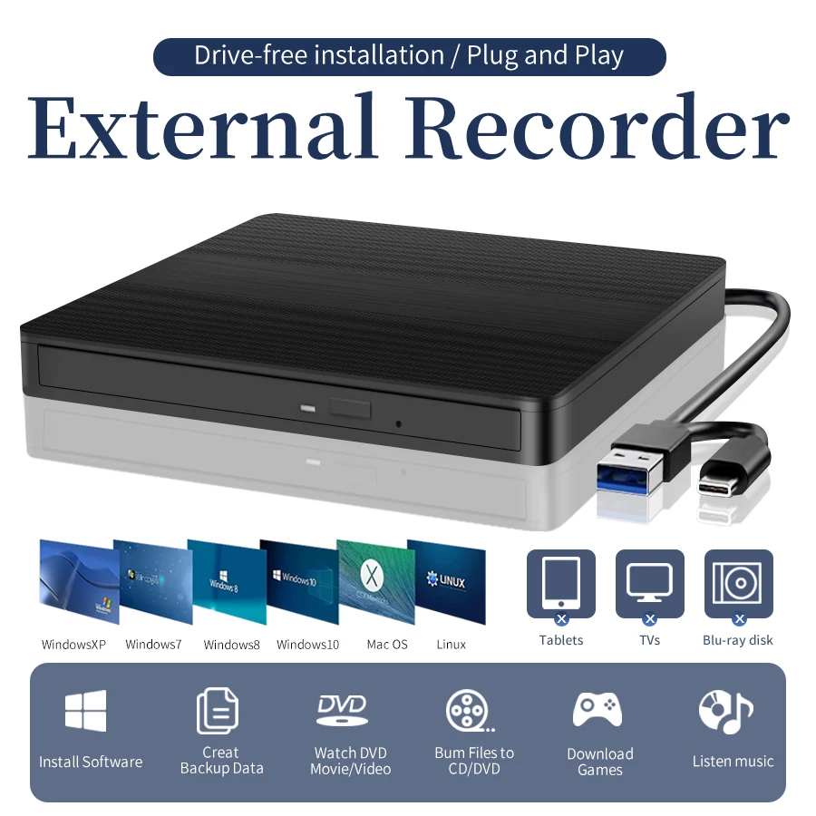 Unidad de CD DVD externa USB3.0 TypeC 2 en 1, unidad óptica delgada, grabadora de CD-RW externa, reproductor Bluray para PC de escritorio, Mac, Linux