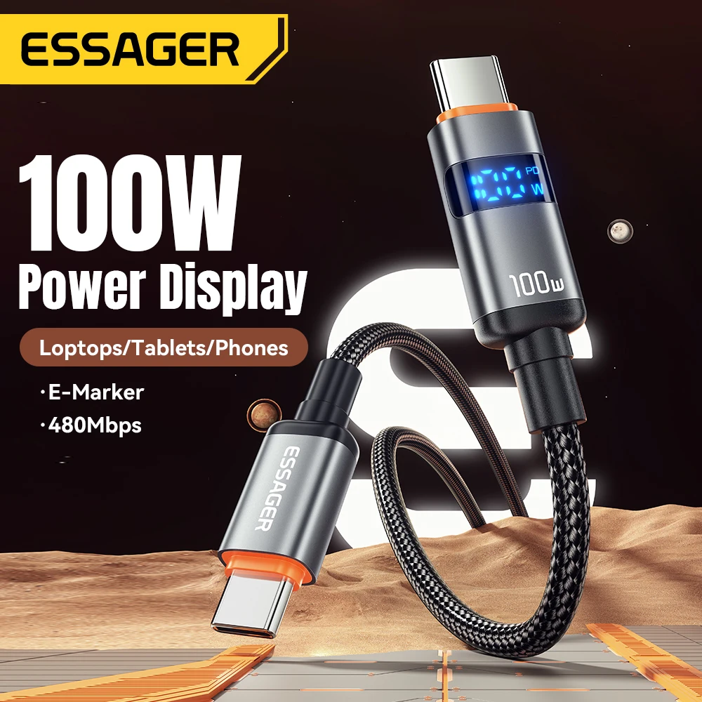 Essager 100W tipo C a tipo C Cable 5A PD carga rápida USB C a USB C Cable de pantalla para Macbook portátil iPad Xiaomi 14 iPhone 15 - imagen 2