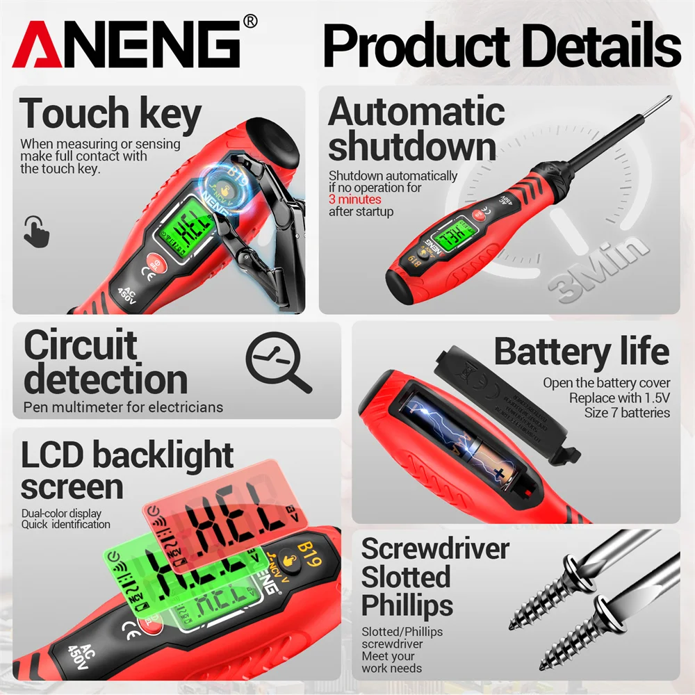 ANENG B19 bolígrafo destornillador cruzado/plano pequeño lápiz de prueba de mano detección sin contacto 30-1000V buscador de punto de interrupción de zumbador de voltaje - imagen 5