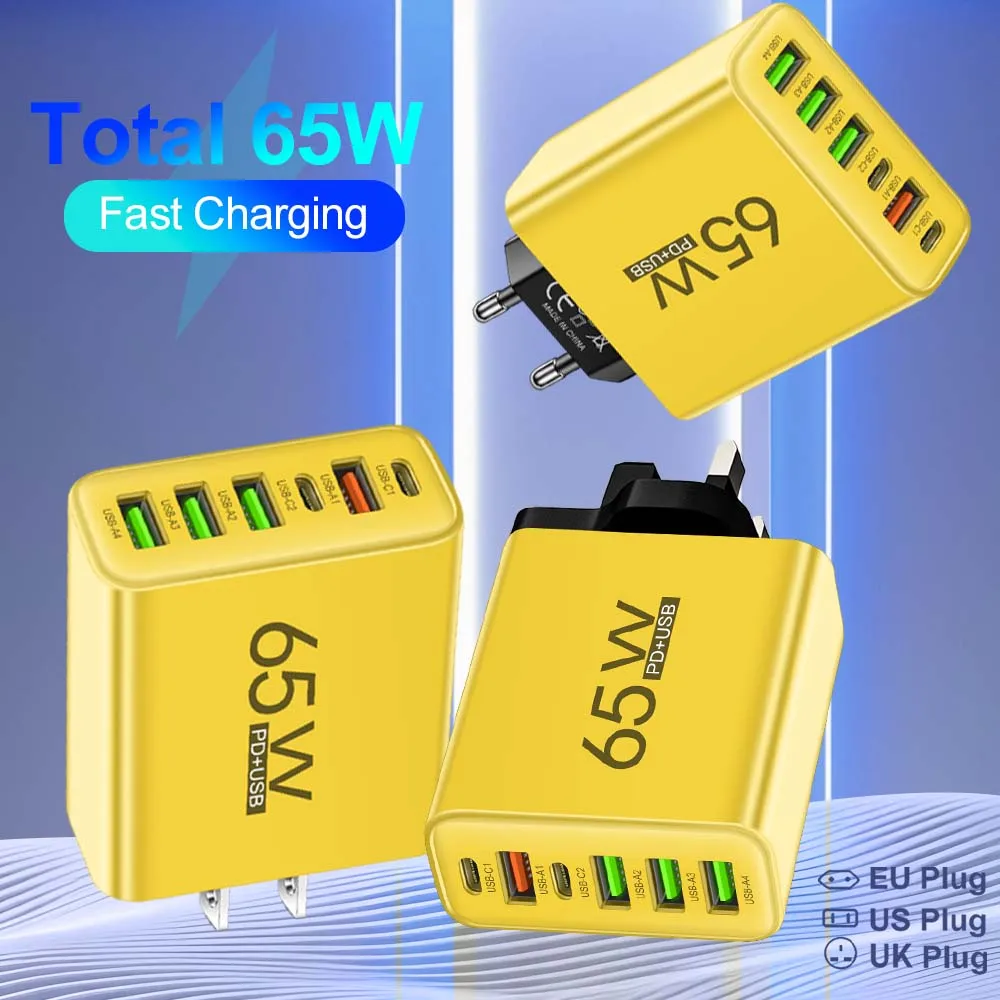 Total 65W 6 en 1 4 USB 2 tipo C cargador de pared rápido de carga rápida para iPhone Samsung Xiaomi Huawei adaptador de teléfono móvil
