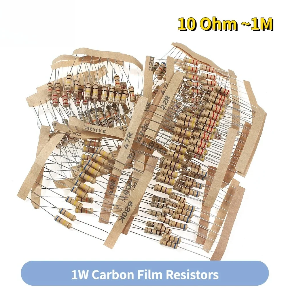 200 Uds 5% 1W Kit surtido de resistencias de película de carbono 20 valores 10 Ohm-1M paquete de resistencias 6,8K 10K 22K 47K 68K 100K 470K 1M Ohm - imagen 3