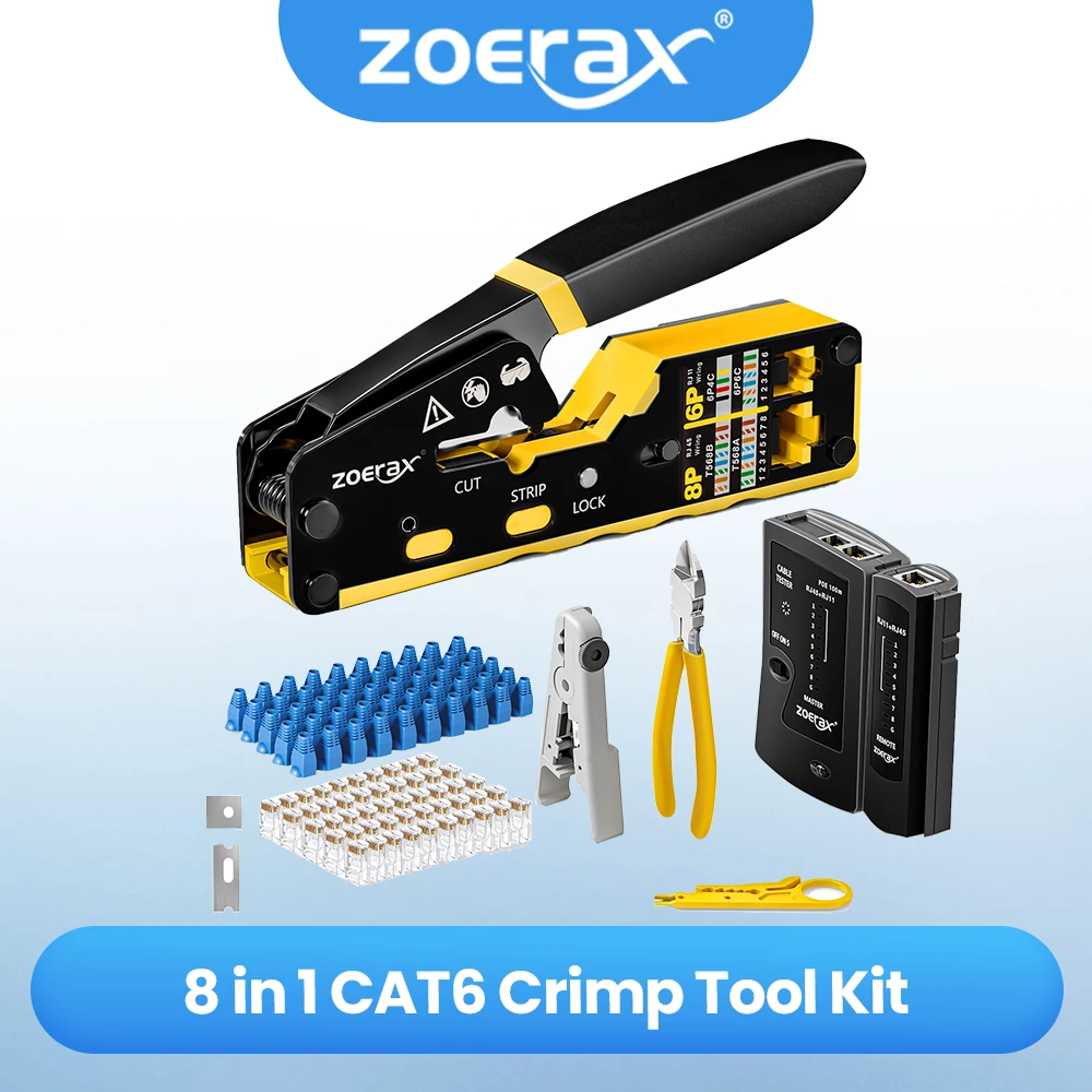 ZoeRax 8 en 1 Kit de herramientas de engarzado RJ45, herramienta de engarzado, probador de cables, cortador de cables, cuchillas, 50 conectores Cat 6 y botas de alivio de tensión - imagen 2