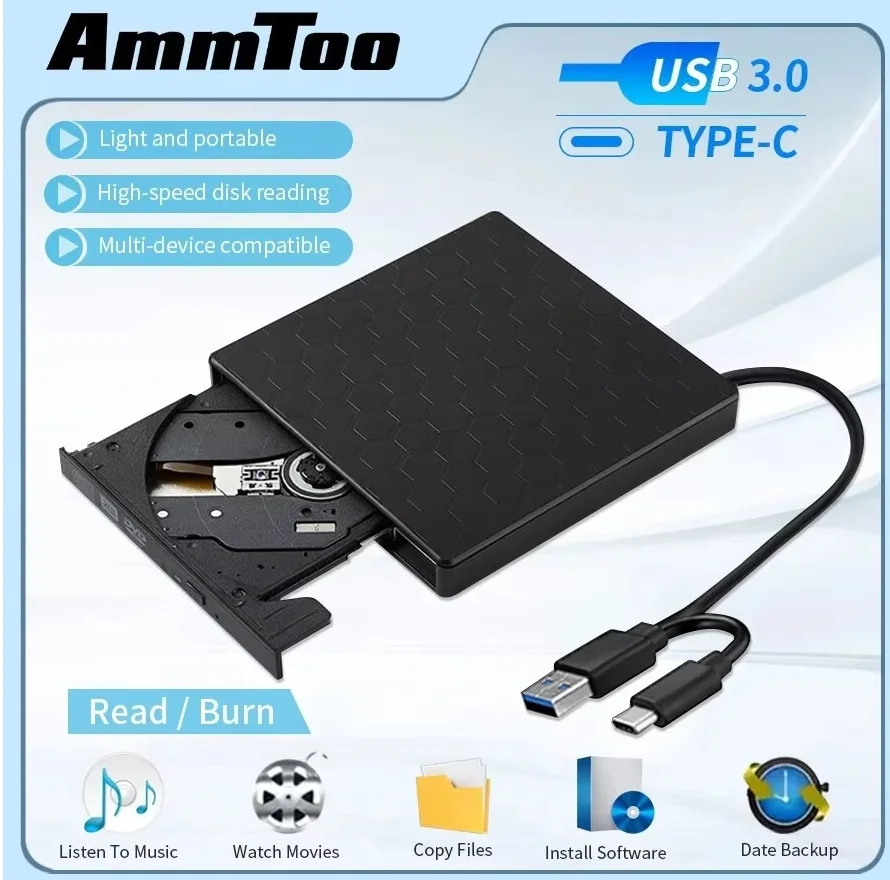 Unidad de CD DVD externa, unidad de CD-RW externa protectora delgada USB 2.0, reproductor de DVD-ROM para ordenadores portátiles, PC de escritorio