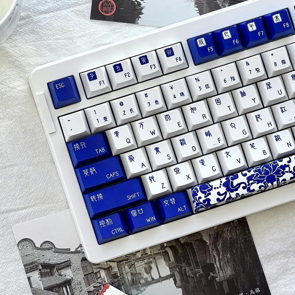 Diseño Original PBT Keycap 142 teclas porcelana azul y blanca perfil cereza tinte SUB para teclado mecánico GH60 GK61 64 68 75 84