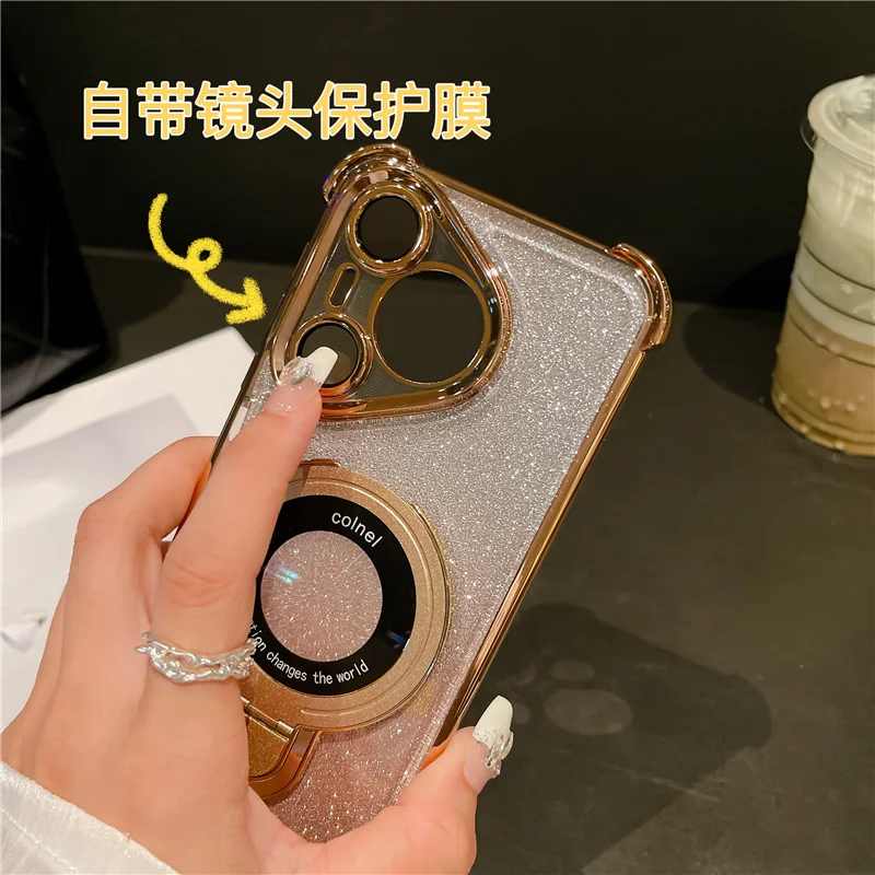 Funda de teléfono con soporte magnético Magsafe chapado con purpurina para Huawei Pura 70 Ultra P50 P40 P30 Pura70 Pro Plus, funda protectora de lente - imagen 5