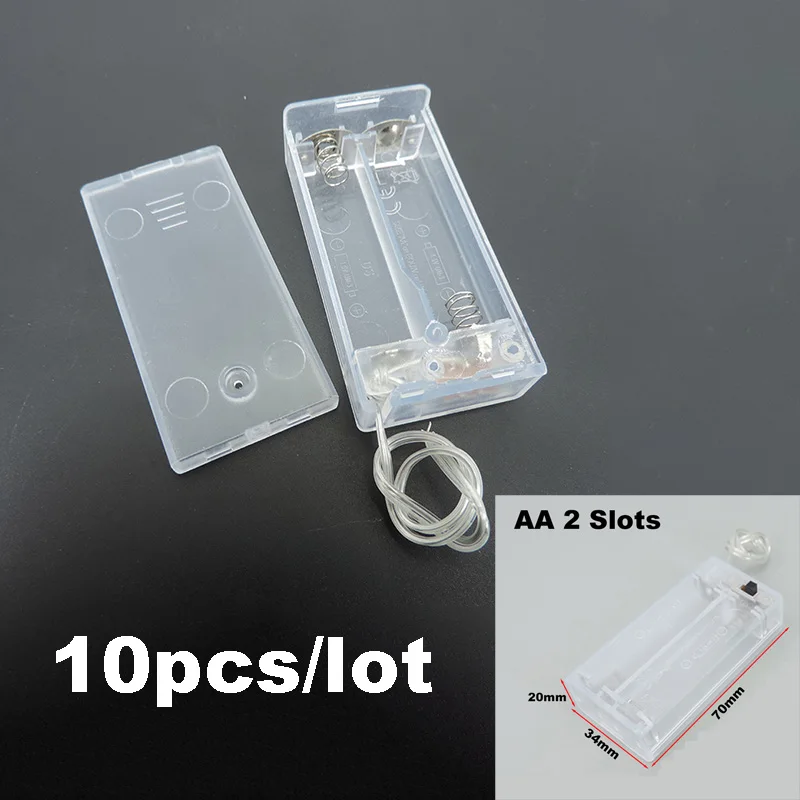 10 unids/lote caja porta baterías AA con interruptor 2 ranuras 3V DIY plástico transparente q1