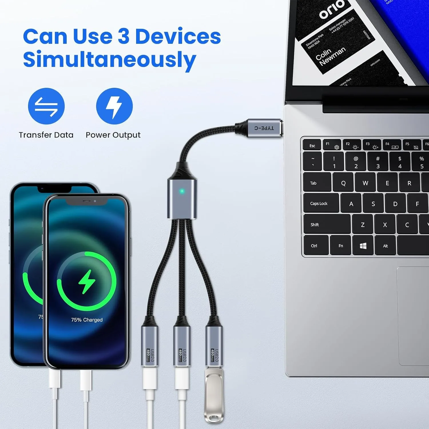 Divisor USB C de 3 puertos con adaptador USB para transferencia de datos, divisor de USB-C para cargar Cable macho a hembra multitipo C para PC - imagen 4