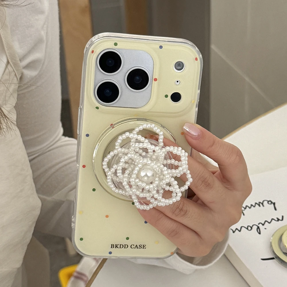 Funda de teléfono Tok con agarre magnético de lunares y flores de perlas 3D para iPhone 17 16 15 14 13 Pro Max carga inalámbrica para funda Magsafe - imagen 2