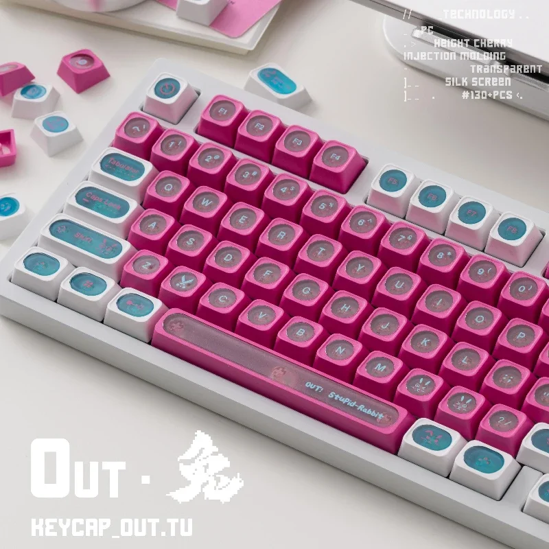 Out Rabbit-Juego de teclas con temática PBT para PC, tapas de teclado rosas transparentes, perfil de cereza, lindo, accesorio de teclado mecánico