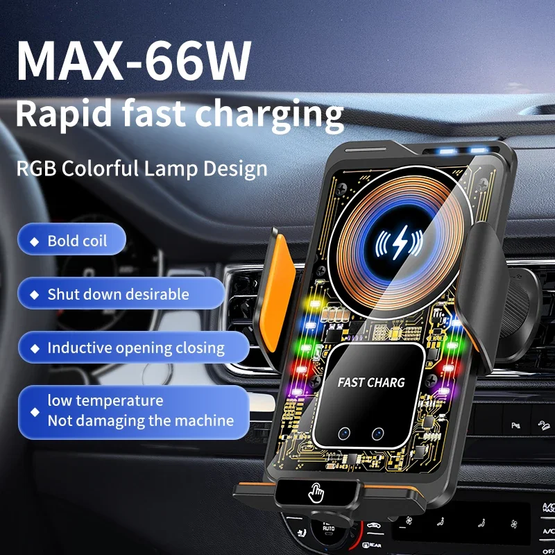 Max 66W magnético 15W cargador inalámbrico para coche carga rápida sujeción automática RGB luz soporte para teléfono soporte para iPhone Samsung