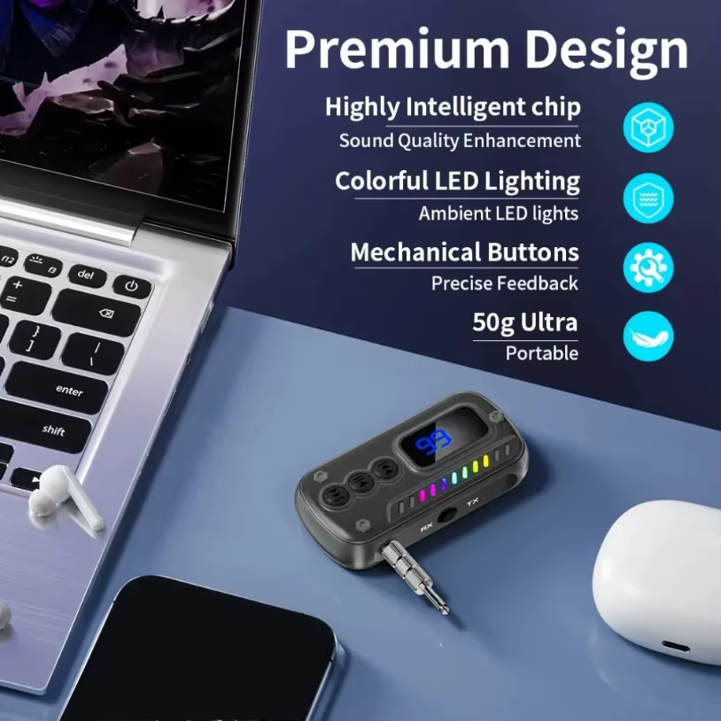 Transmisor receptor Bluetooth 5,3 2 en 1, adaptador de Audio inalámbrico, conector auxiliar de 3,5mm para música de coche, receptor de auriculares, manos libres