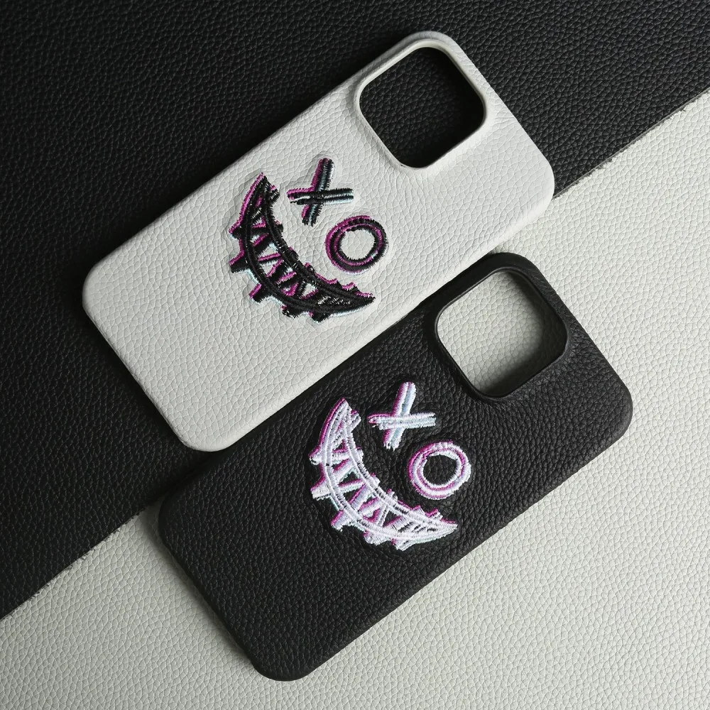Funda de teléfono de cuero genuino con bordado elegante para iPhone 16 Pro Max 15Pro 14 13 12 11 funda protectora trasera - imagen 4