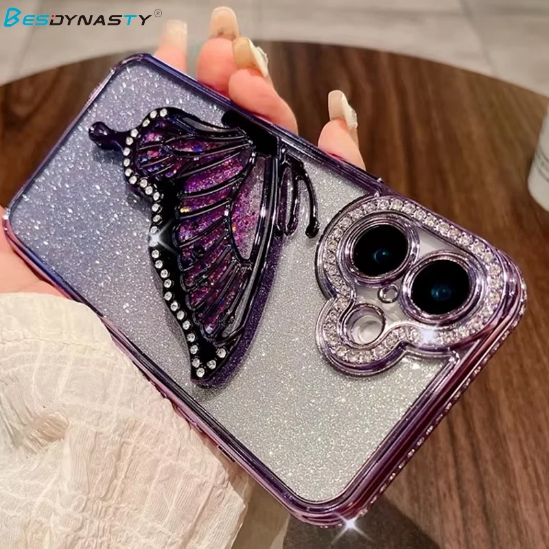 Funda de mariposa 3D de lujo para iPhone 17 Air 16 15 13 12 11 14 Pro Max Plus Bling Diamond Glitter Plating Funda trasera suave - imagen 3