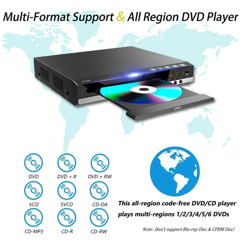 Reproductor de DVD para el hogar, caja de alta definición de 1080P para TV, reproductor de CD y DVD gratuito para todas las regiones, salida AV, puerto de micrófono incorporado, 55KC
