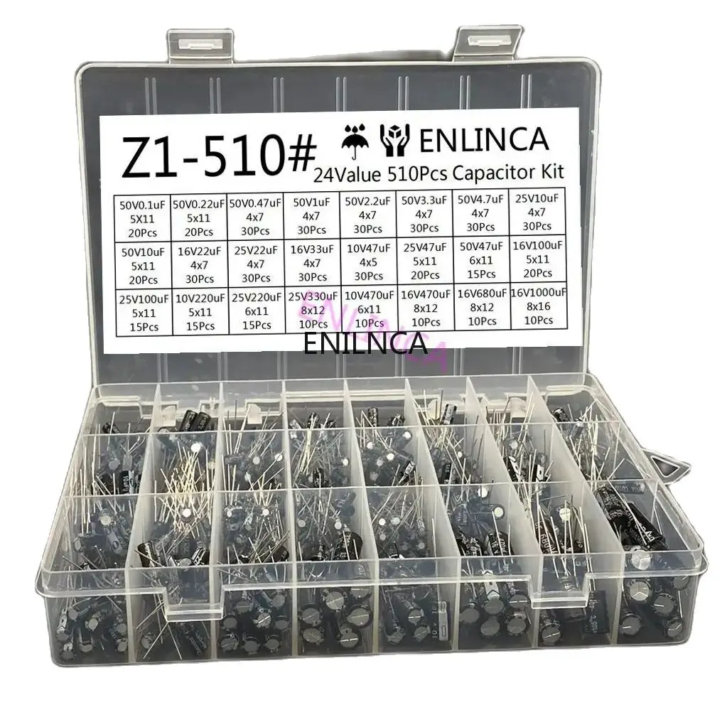 510 unids/lote 0,1 UF-1000UF 24 valores condensadores electrolíticos de aluminio 16-50V mezcla condensador electrolítico kit surtido y caja de almacenamiento