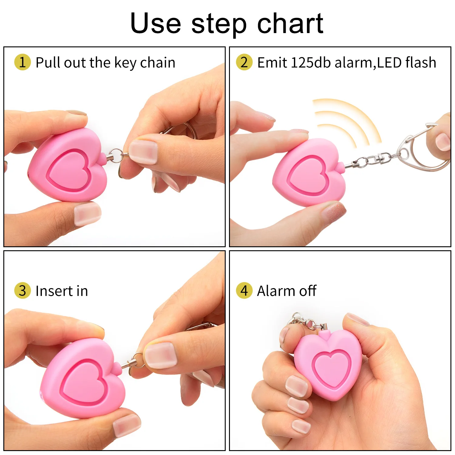 Llavero con alarma de autodefensa individual en forma de corazón, 125dB, protección de seguridad antilobo, alerta, alarma de emergencia fuerte - imagen 3