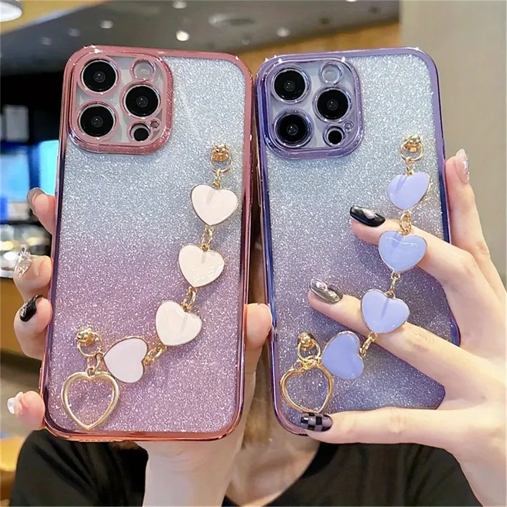 Funda de silicona suave para iPhone, carcasa con gradiente de purpurina y corazón para iPhone 15, 14, 13, 12, 11 Pro Max, Mini, XR, X, XS Max, 7, 8 Plus, SE2020