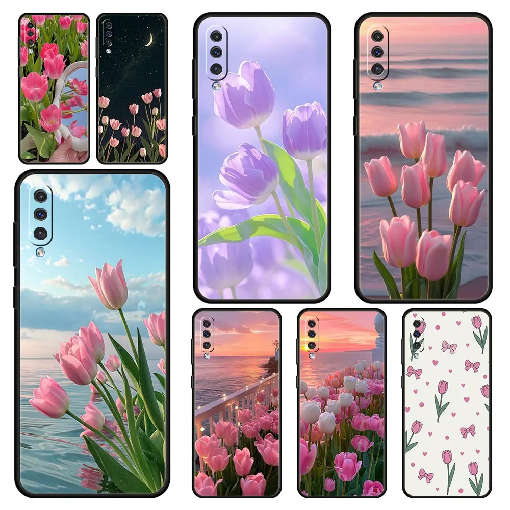 Funda para Teléfono Samsung A56 A36 A26 A24 A12 A14 A16 A50 A70 A22 A40 A34 A54 A42 A52 5G A04s A06, Diseño de Flor de Tulipán Rosa y Amor