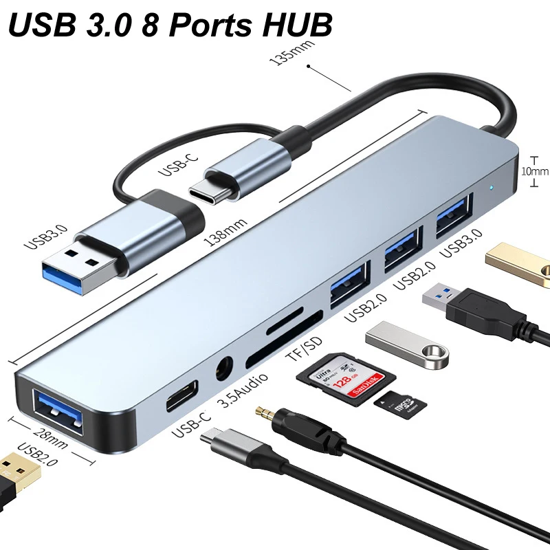 8 en 1 USB TYPE-C 3,0 HUB 3,5 MM Audio SD TF lector de tarjetas 5Gbps OTG para teclado ratón disco duro Macbook Pro portátil PC teléfono