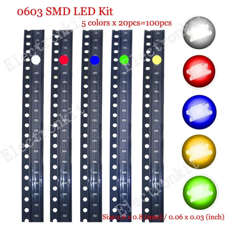100 unids/lote SMD LED kit surtido 0402 0603 0805 1206 1210 5730 5050 rojo verde azul blanco amarillo conjunto de diodos led de 5 colores cada 20 - imagen 2