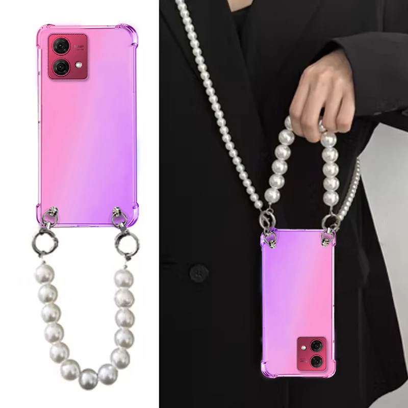 Funda con cordón de perlas cruzadas para Motorola G84, G54, G32, E13, Edge 40, Neo 30, pulsera, cadena, gradiente transparente, funda trasera para teléfono - imagen 2