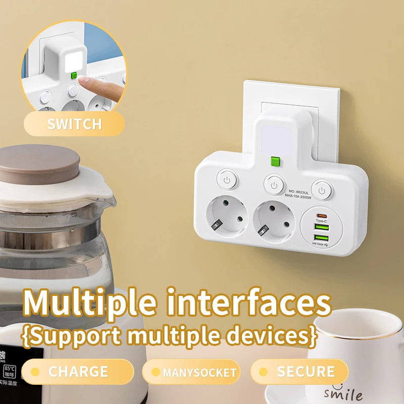 Enchufe europeo, placa de alimentación de CA, enchufe de pared multicapa, filtro de red universal, con o sin USB, interruptor de luz independiente ada
