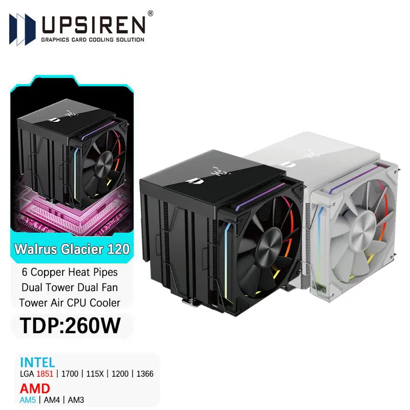 UPSIREN Walrus Glacier 120 pantalla Digital 6 tubos de calor de cobre torre doble ventilador torre aire CPU enfriador soporte LGA1851 AMD AM5