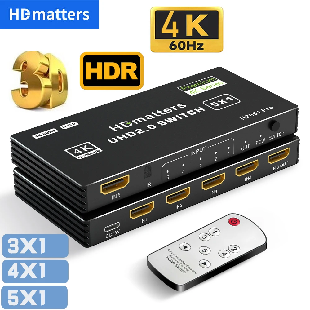 Conmutador HDMI 4K 60Hz Conmutador de video HDMI 2.0 3/4/5 entradas 1 salida con control remoto Conmutador HDMI Hub Caja HDR Conmutador HDMI para PS5 Xbox Series X/S