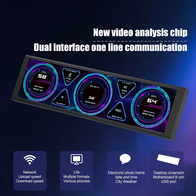 Pantalla secundaria USB de 9,2 pulgadas para chasis de computadora pantalla LCD 1920*462 un USB conectado CPU RAM GPU HDD Monitor meteorológico - imagen 2