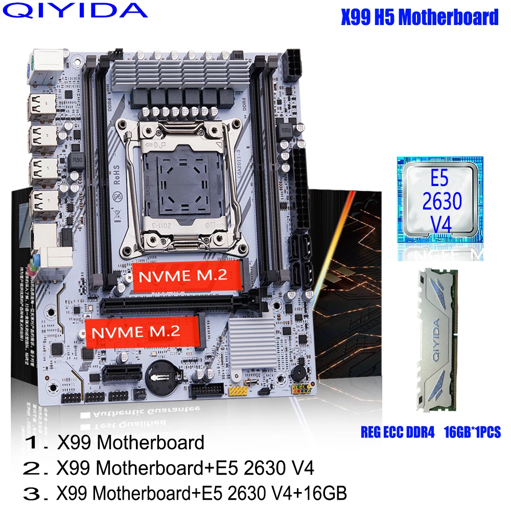 Juego de placa base QIYIDA X99 con LGA2011-3 Xeon E5 2630 V4 CPU DDR4 16GB REG ECC memoria PCI 16x NVME M.2 SATA x99 H5
