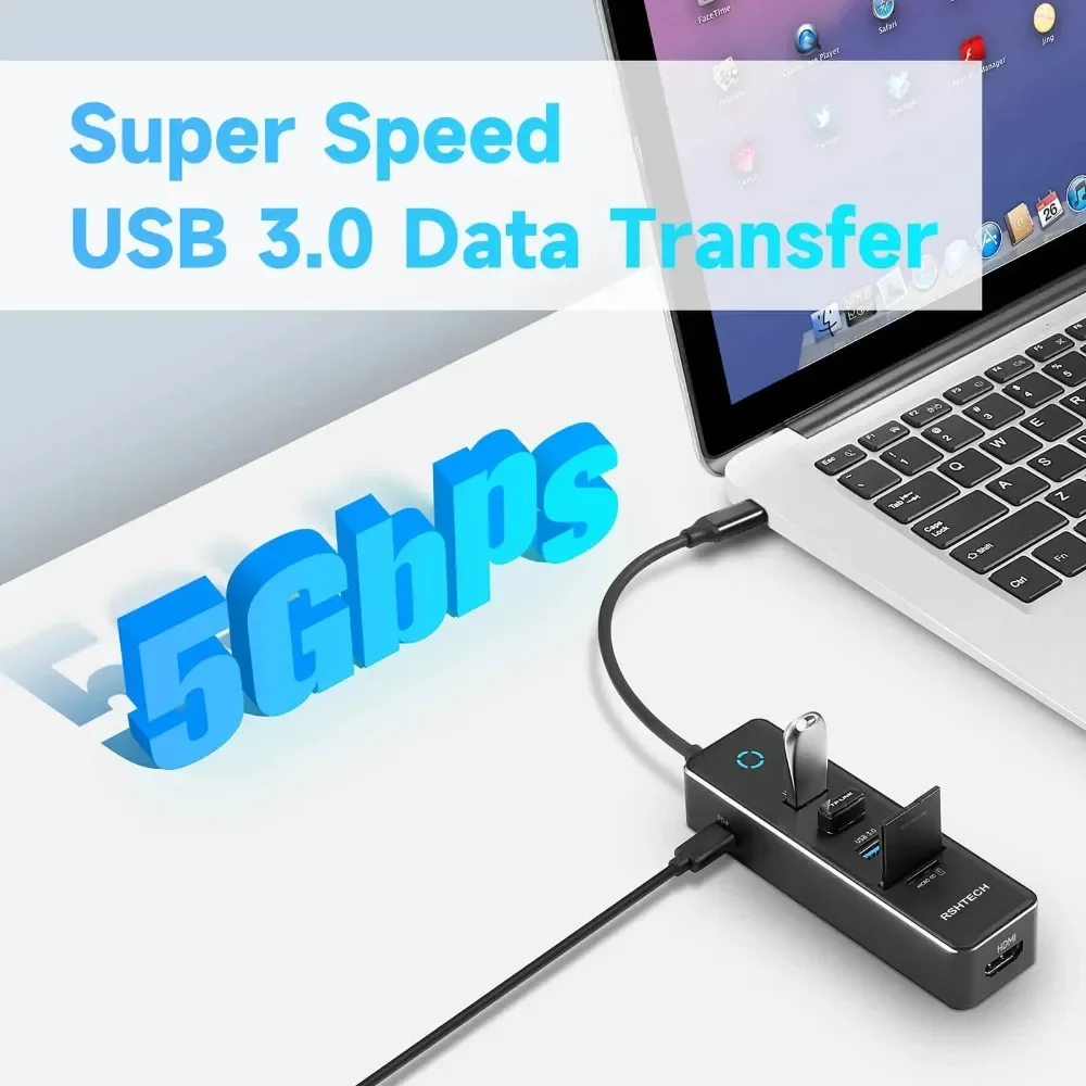 Adaptador Dongle Hub USB C RSHTECH con 4K HDMI 3 puerto de datos USB 3,0 100W PD SD/TF lector de tarjetas base de concentrador de aluminio para PC portátil - imagen 4