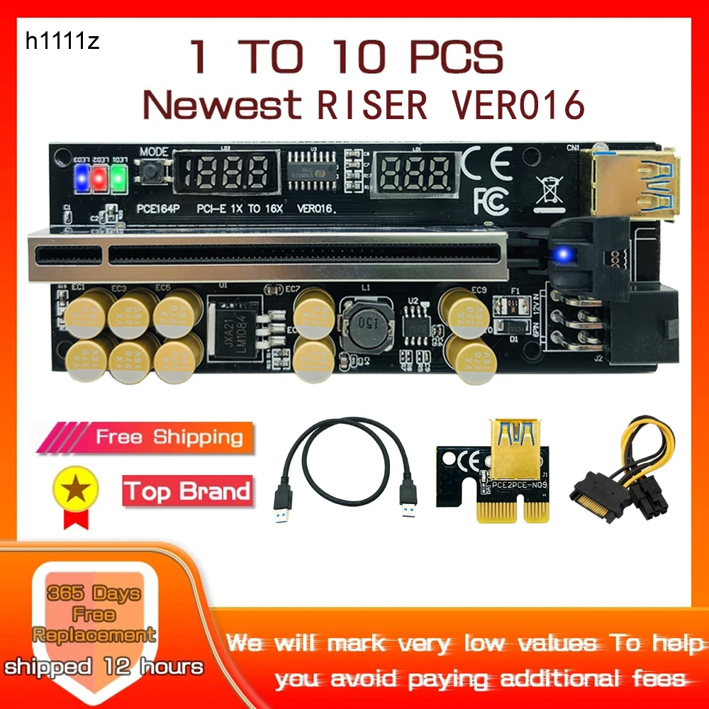 Elevador PCIE para tarjeta de vídeo 016, USB 3,0, voltaje de temperatura, GPU, PCI Express X16, potencia de 6 pines para minería, 1-10 piezas