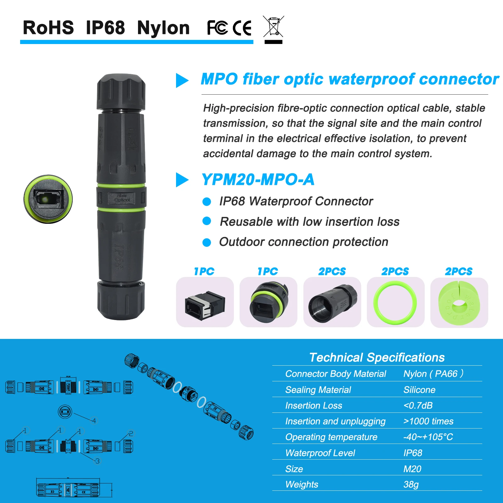 Nuevo conector de fibra óptica MPO MTP adaptador brida arriba-abajo OM3 10 Gigabit acoplador conector impermeable - imagen 4