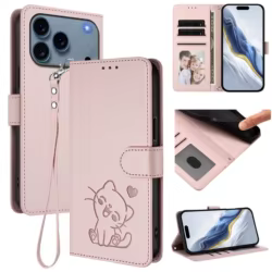 Funda de cuero tipo billetera Solt con tarjetas de gato bonito en relieve para iPhone 17 Pro Max 16 Plus 16E 15 14 13 12 11 funda de libro con correa y soporte