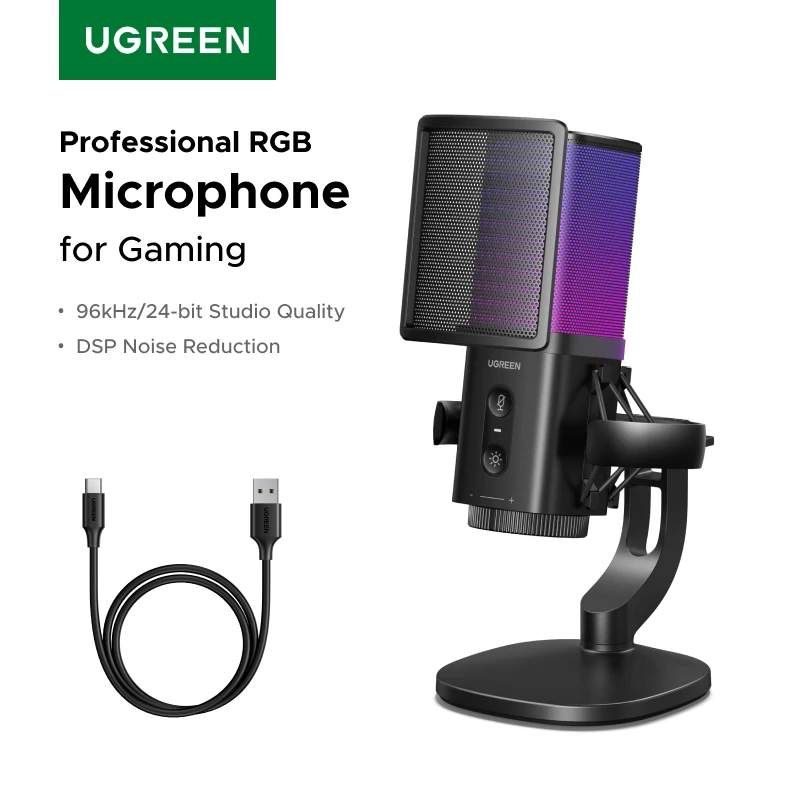 UGREEN Micrófono USB con botón de silencio táctil e iluminación RGB Adecuado para PC Mac Juegos Karaoke Grabación Streaming Podcasting