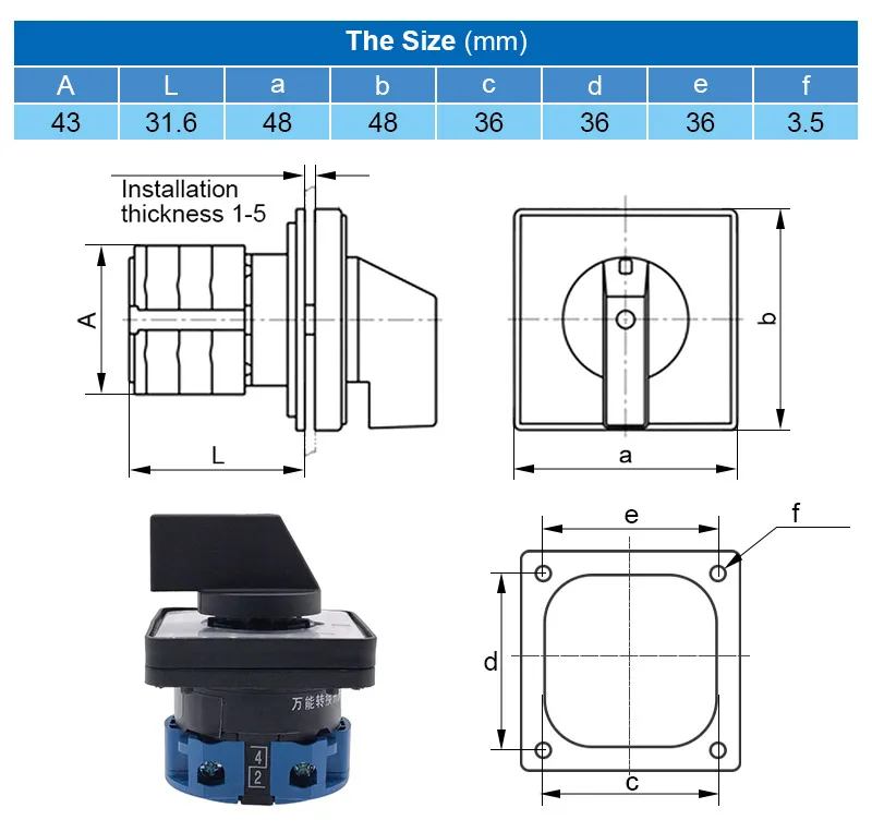 Interruptor Giratorio - Vista lateral de terminales