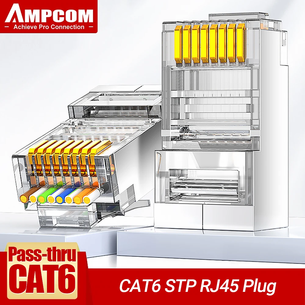 Conectores AMPCOM Pass Through STP RJ45, CAT6 CAT5E blindados 3/50μ Enchufes modulares 8P8C chapados en oro Extremo de engarzado para cable Ethernet - imagen 2